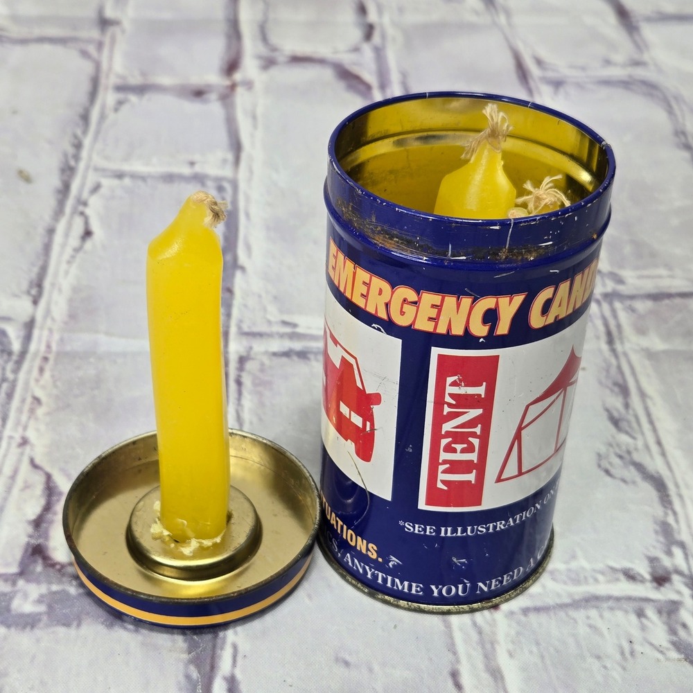 Vintage Emergency Candle Kit Blue Metal Tin Lid Candle Holder‎ Survival Gear 5ct